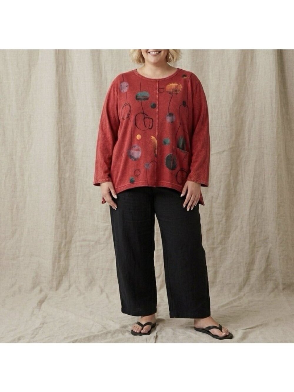 Jess & Jane Washed Red Tunic Pullover Top Size 3X 100% Cotton USA Made Boho Art